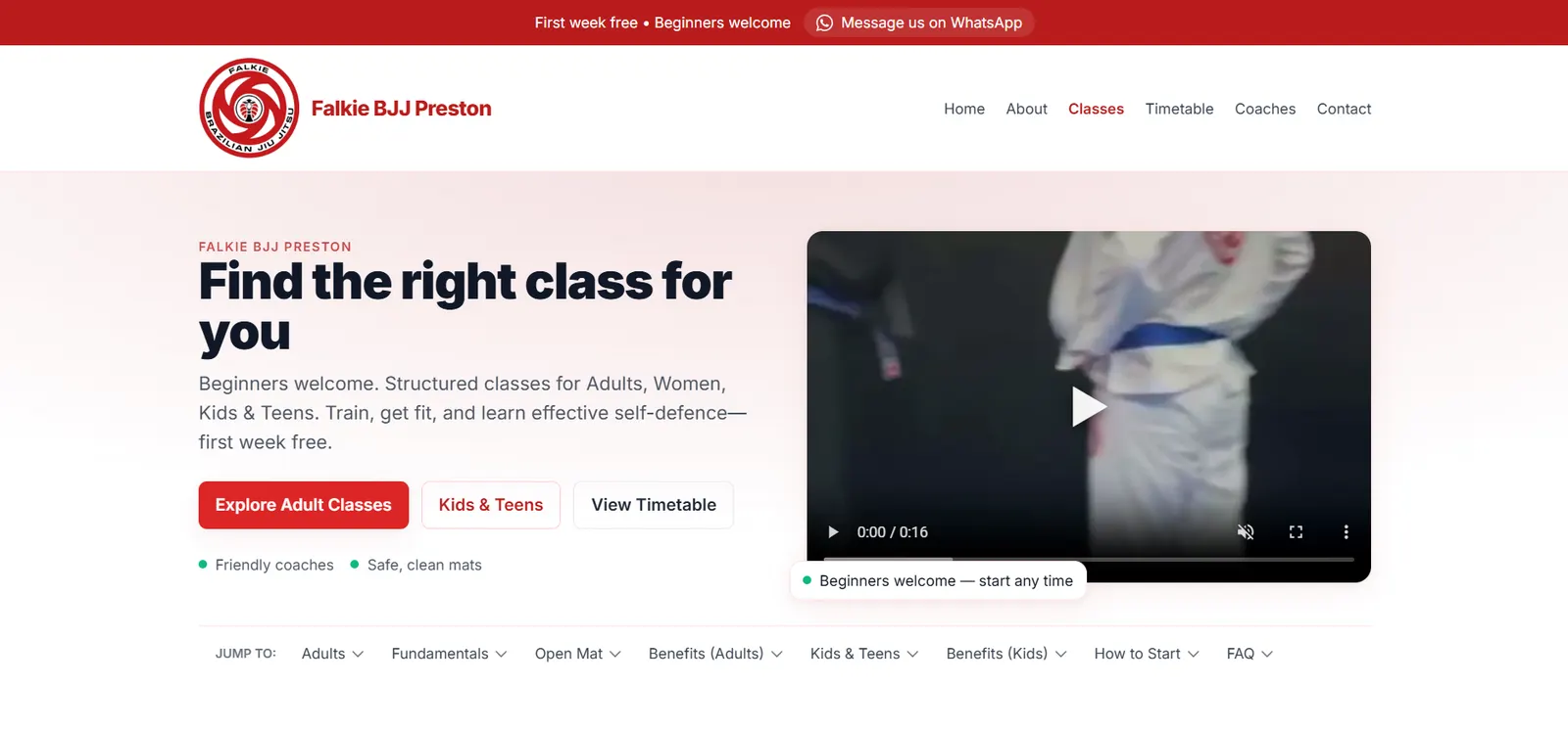 Jiu jitsu club website layout
