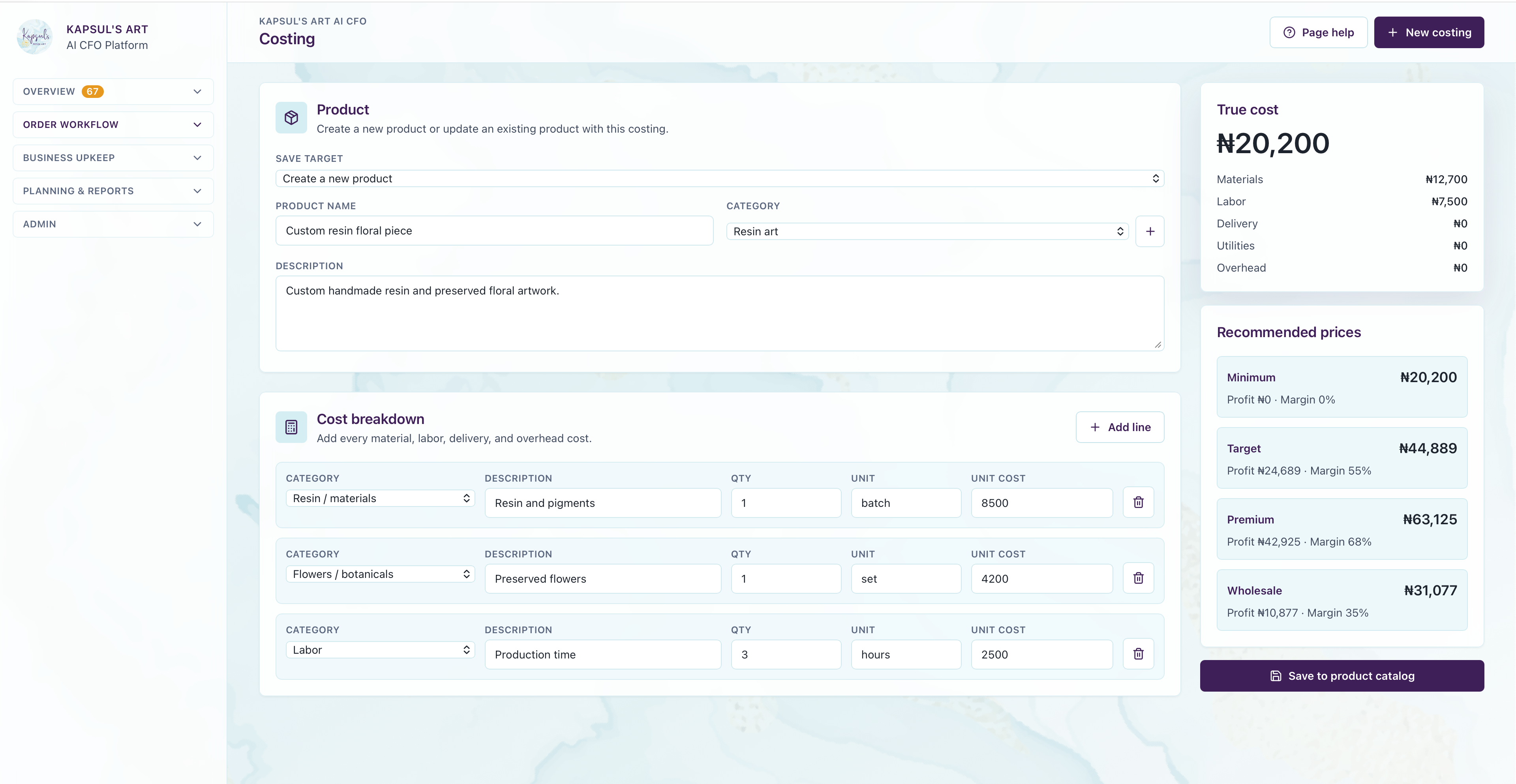 Kapsul Business Platform costing screen