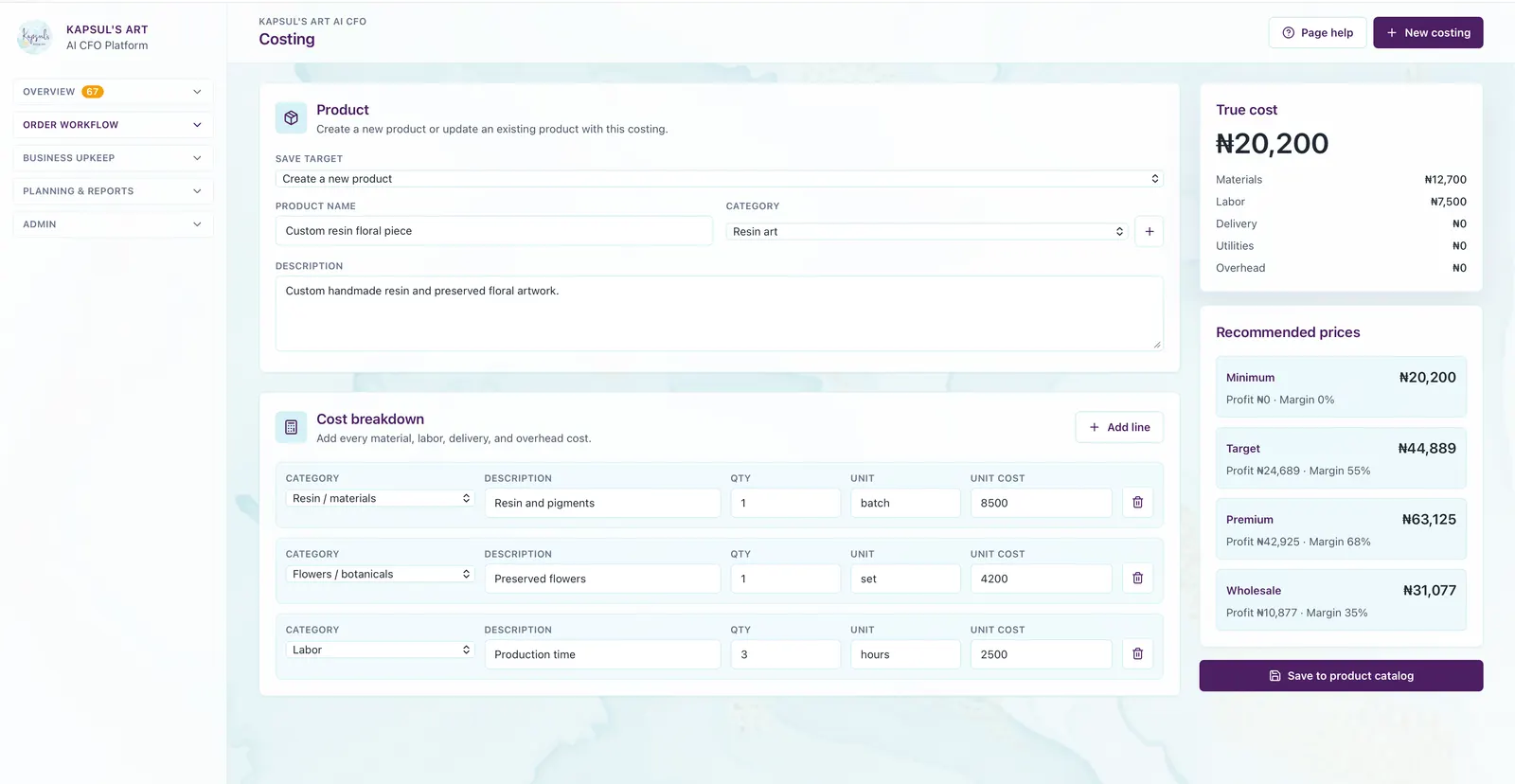 Kapsul Business Platform costing screen
